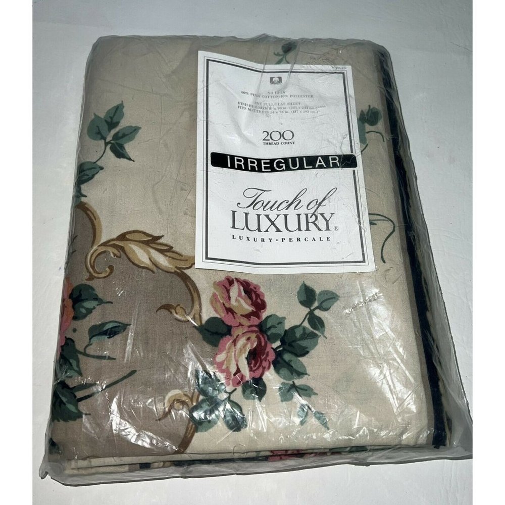 Vtg Cannon Touch Of Luxury Full Flat Percale Sheet Tan Roses Irregular 200 NOS